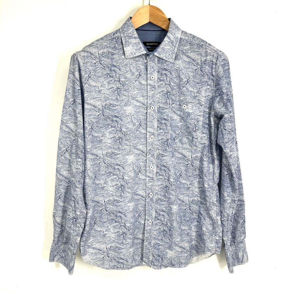 Bugatchi Mens Blue White Abstract Marble Print Shaped Fit Cotton‎ Shirt Size M